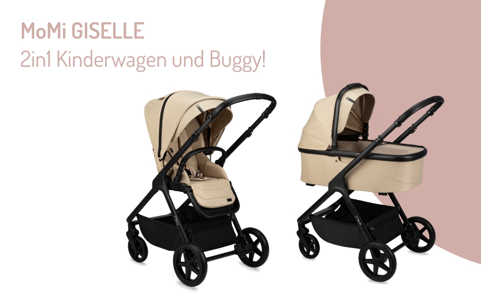 Дитяча коляска MoMi GISELLE 2 в 1 комбінована, сіра, з функцією візка, 5-точкова система безпеки, від народження до 22 кг, з корзиною для покупок, матрацом, дощовиком та пеленатором