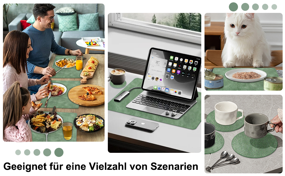 Набори підставки під гаряче та серветки 6 шт. | Коричневе шкіряне покриття з ефектом крави | Стійкі до подряпин, водонепроникні | Для обіднього столу, кухні, квартири | Зелений та сірий набір 6 шт.