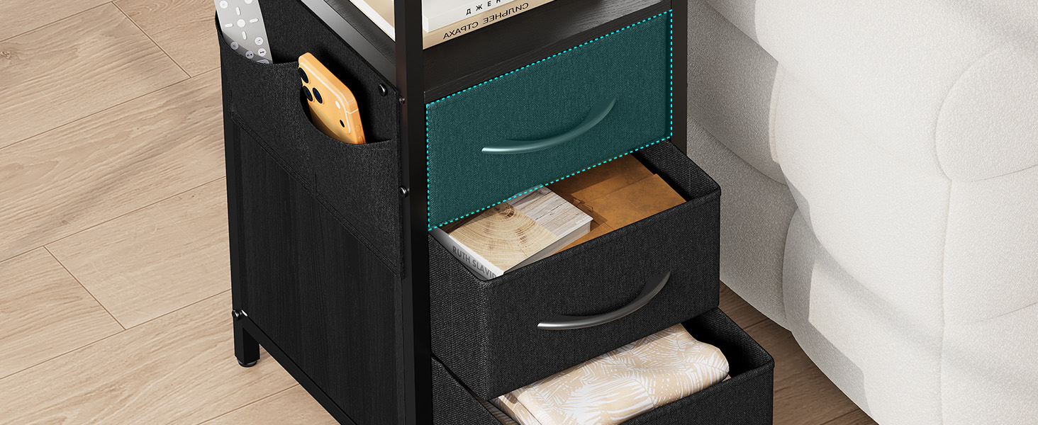 Нічний столик з підзарядкою та LED, приліжний столик з 3 висувними ящиками з тканини, нічний столик з полицею, відкрите відділення, 2 розетки AC, USB та Typ C порти, для спальні, вітальні, офісу (25x30x60 см, Чорний, 2)