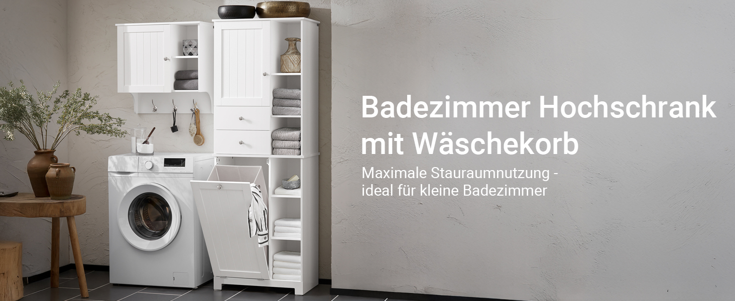 Шафа для ванної кімнати SoBuy з кошиком для білизни, вузька, висота 171 см, 6 полиць, 2 шухляди, білий колір, 60x37x171 см (BZR104-W)