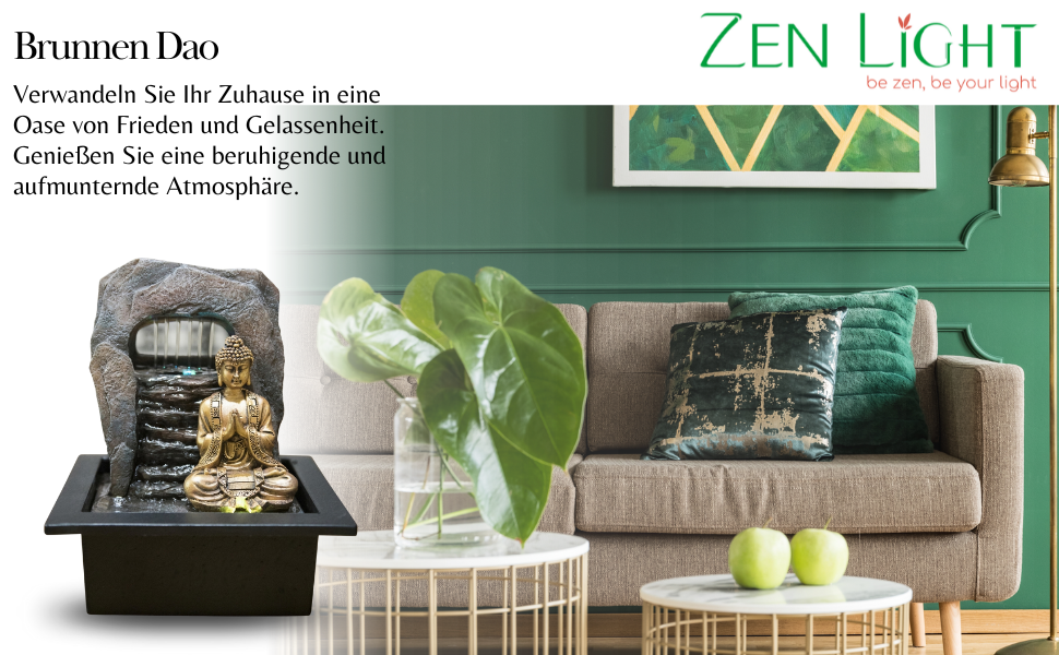 Джерело води Zen'Light Dao від Zimmerbrunnen: Будда, LED-підсвітка, для медитації та релаксації. Декор Фен-Шуй, висота 26 см, горіх