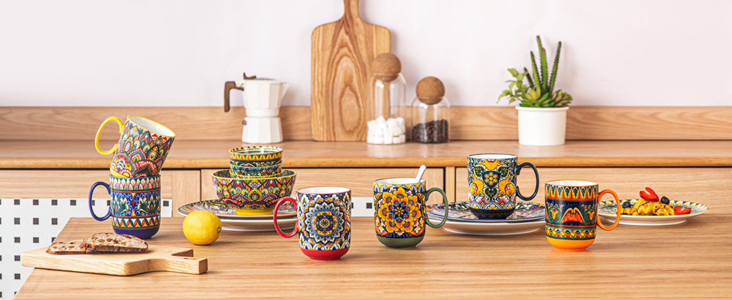 Набір кавових чашок Henten Home з порцеляни, 6 шт., 250 мл, ручної роботи, для 6 осіб (250 мл чашки, 400 мл підставки)