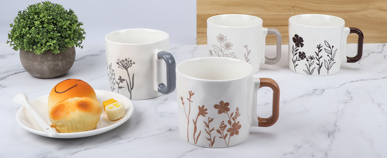 Набір кавових чашок EYMPEU 4 шт. об'ємом 450 мл з квітковим візерунком - ідеально для дому та як подарунок в офіс