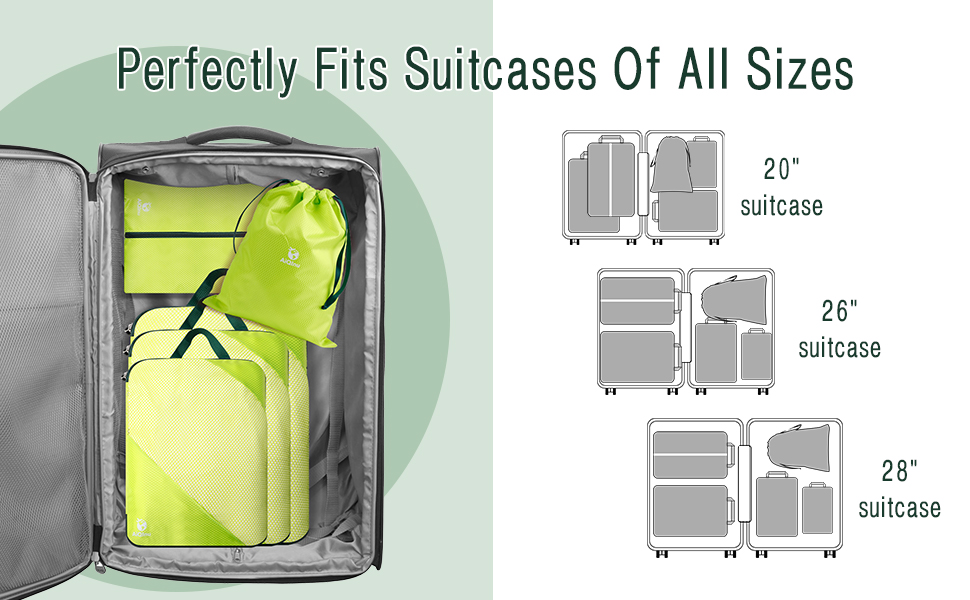 Набір компресійних органайзерів для одягу в дорогу AiQInu, 5 шт. — ультралегкі сумки-пакувальники для валізи з мішком для взуття та білизни, розширювані, зелені