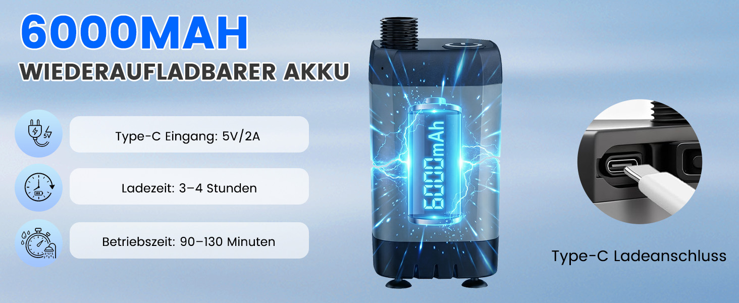 Портативний кемпінговий душ Tonfarb з насосом та акумулятором 6000mAh, мобільний душ для подорожей, кемпінгу, автодому та миття собак, з цифровим дисплеєм та шлангом 2м