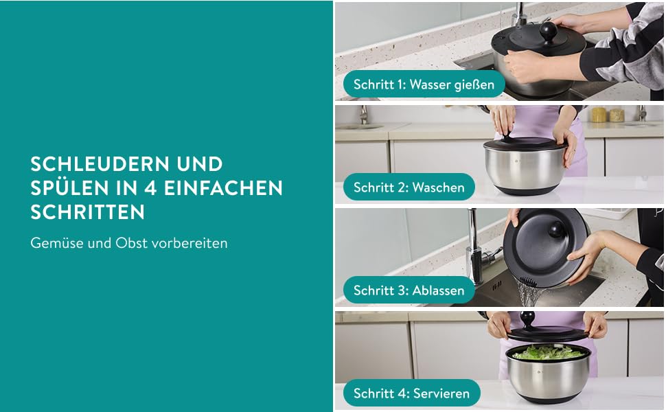 Salatschleuder Navaris з нержавіючої сталі: сушарка для салату з кришкою та ситом - сушарка для салатів