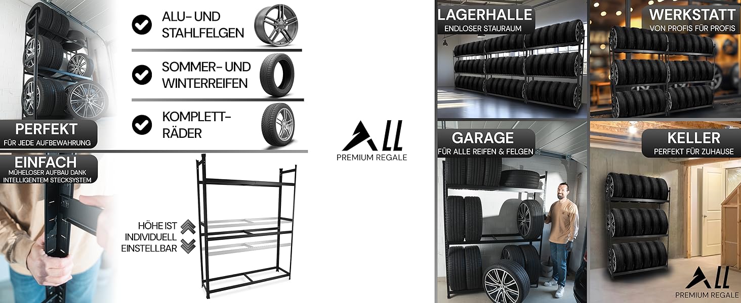 Стелаж для шин преміум-класу 100x110x40 см, вантажопідйомність 175 кг, економія місця, для гаража та складу (чорний, 18 шин)