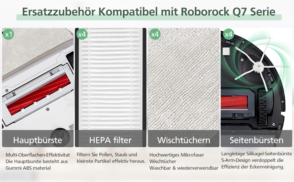 Запасні аксесуари Q7 MAX сумісні з пилососом Roborock Q7 / Q7 / Q7 MAX / Q7 MAX, 1 Основна щітка, 4 фільтра, 4 серветки, 4 бічні щітки ,1 Інструмент для чищення щіток-для аксесуарів Roborock Q7 max