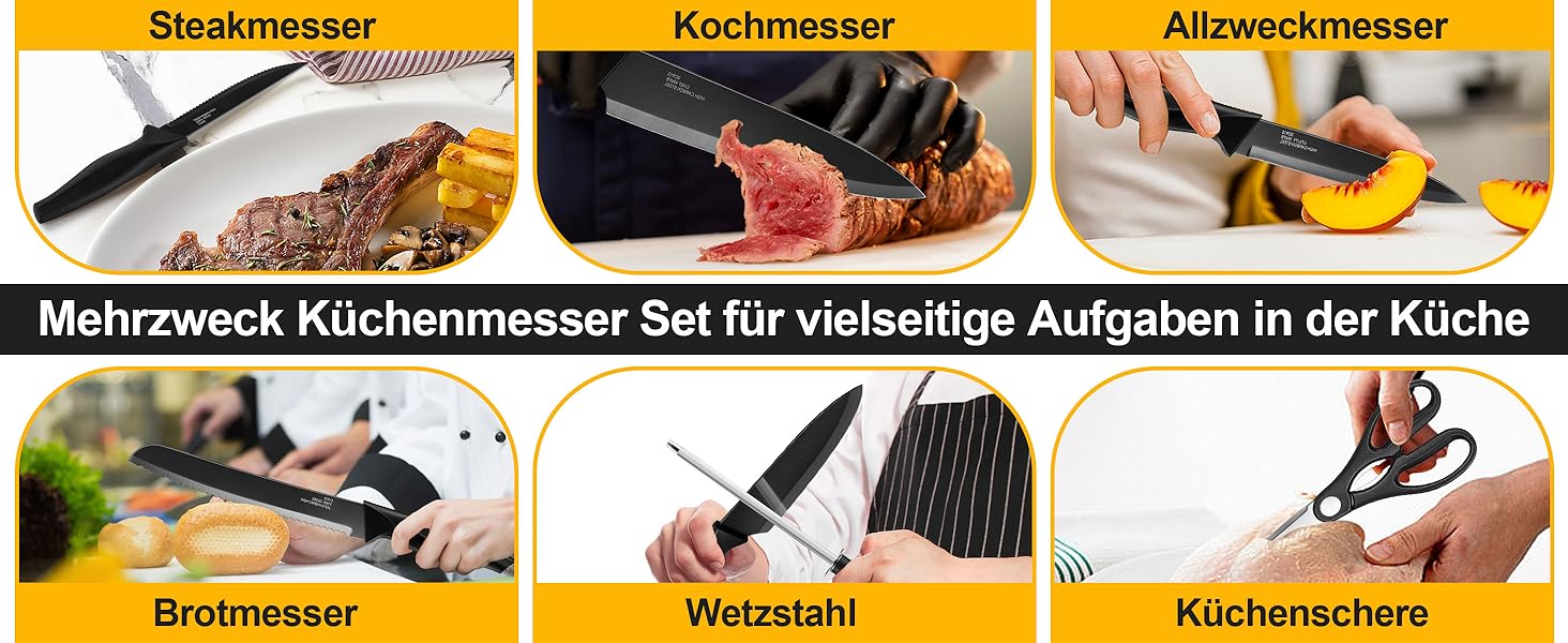 Набір кухонних ножів TEAMFAR 15 предметів з підставкою, нержавіюча сталь, з точильним каменем, антипригарне покриття, чорний