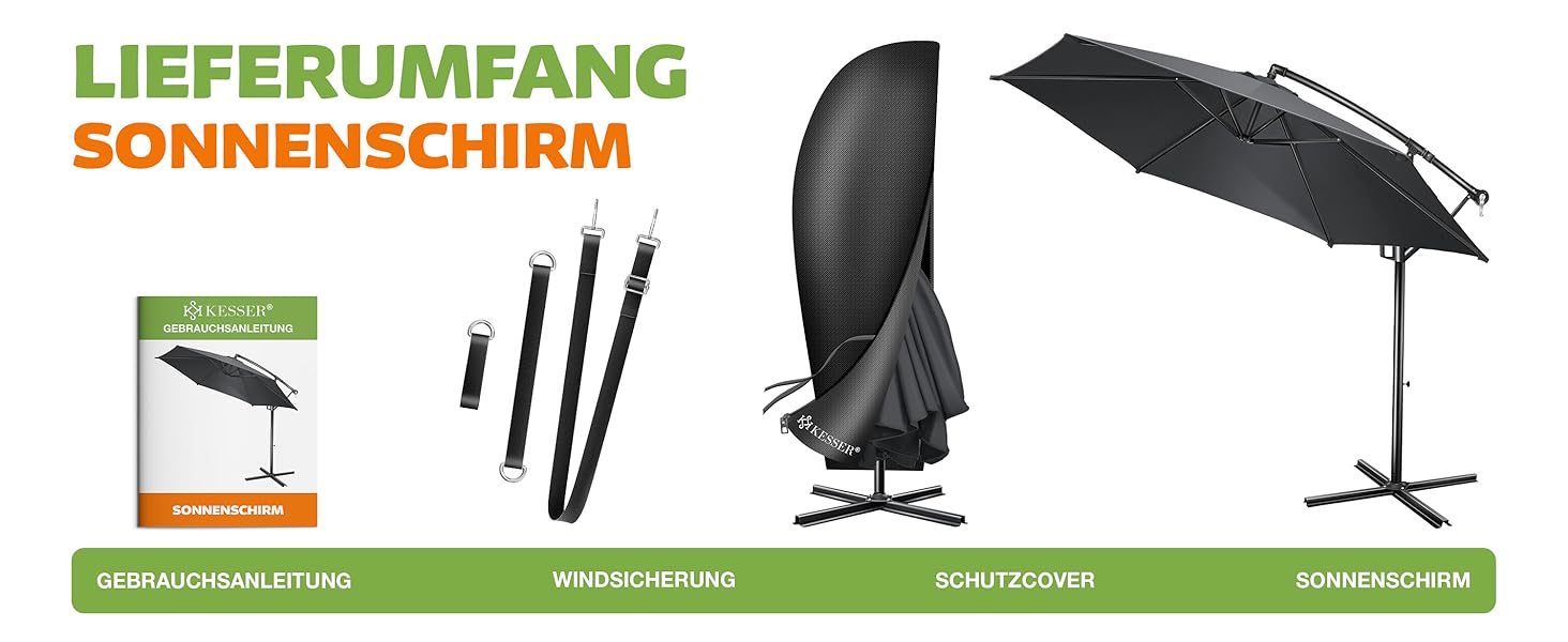 Парасолька від сонця KESSER Ø 350 см, підвісна модель з рукою-кранцем для тераси, балкона та саду, алюмінієвий стійкий каркас, UV-захист, водонепроникна та вітростійка, поворот на 360°, антрацит