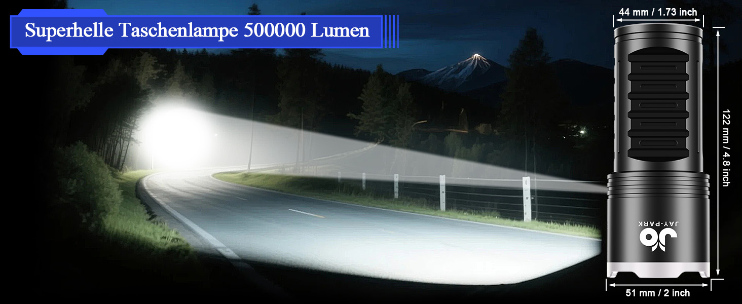 Потужний LED ліхтар JAY-PARK 500000 Люмен, акумулятор 10800 мАг, LCD-дисплей заряду, 5 режимів світла, зум, водонепроникний IPX7, чорний матовий — для кемпінгу та походів