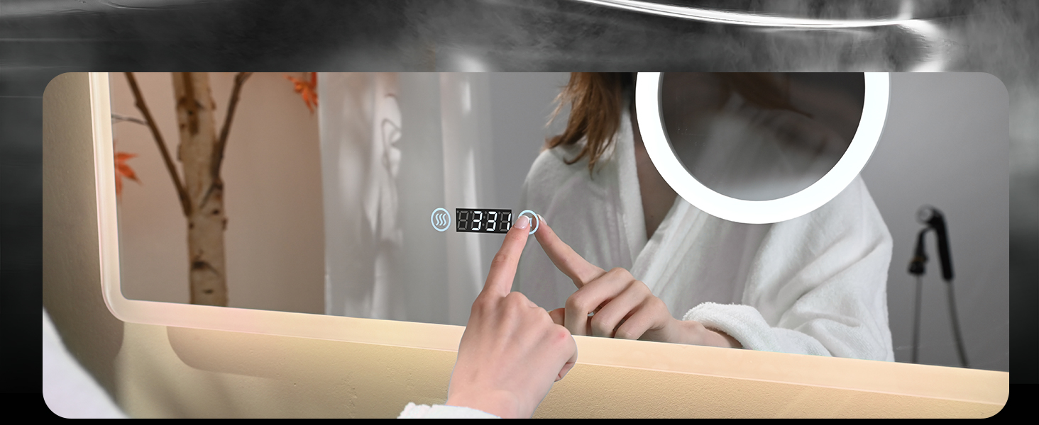 EMKE® LED дзеркало для ванної кімнати 80x60 см з підсвічуванням, сенсорне, регулювання яскравості, протитуманне, 3 кольори світла, годинник, IP44