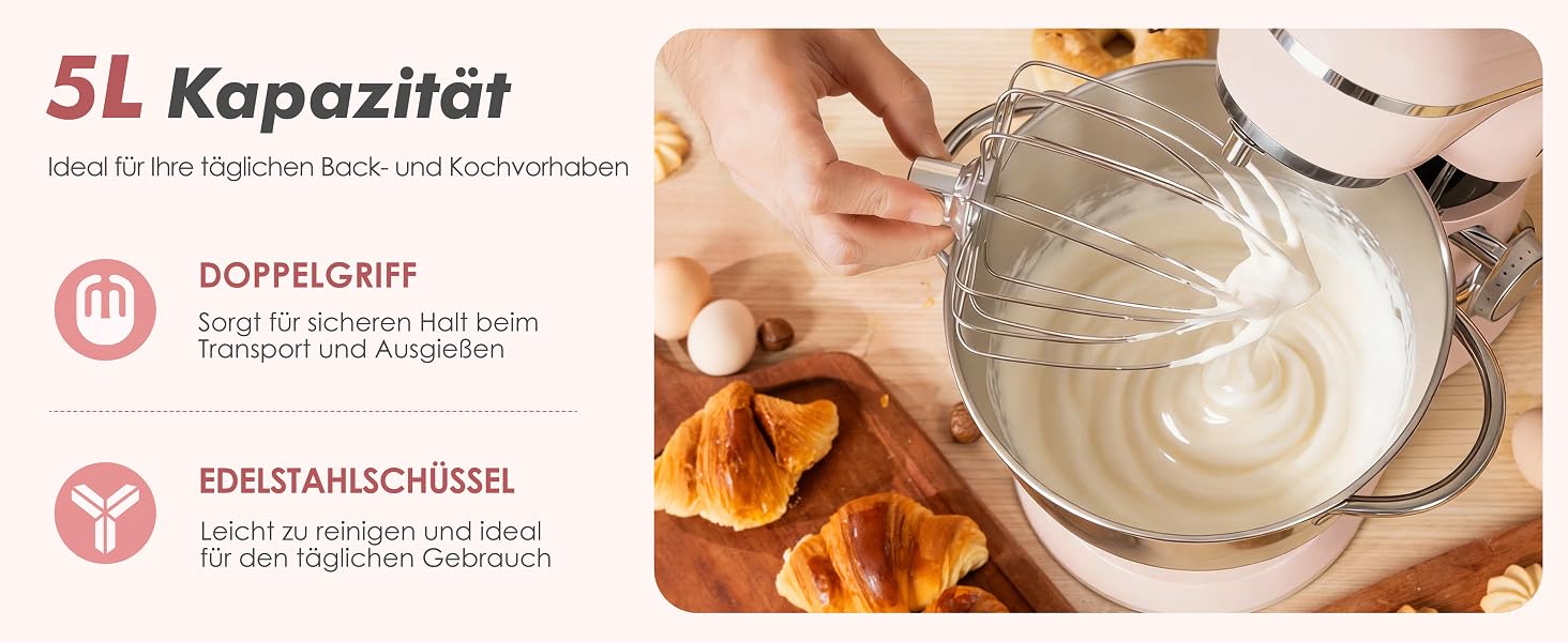 Кухонна машина Kitchen in the box Kompakte — планетарний міксер та тістоміс 3.5L/5L, 10 швидкостей, з вінчиком, гаком та міксером (Рожевий)