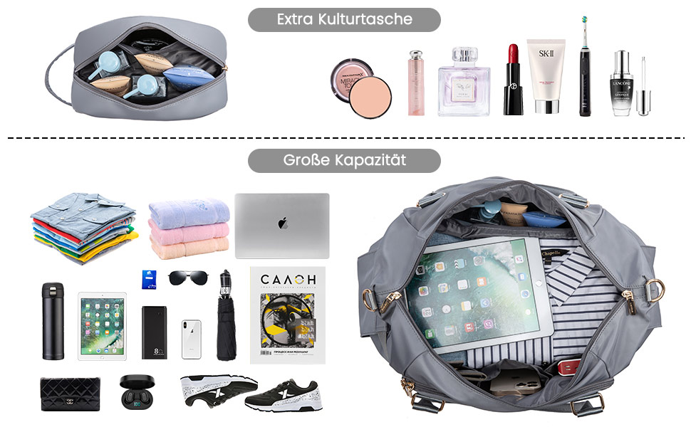 Спортивна сумка LOVEVOOK для подорожей, жіноча дорожня сумка Weekender з косметичкою, відділенням для взуття та мокрих речей, водонепроникна, 37L, сіра