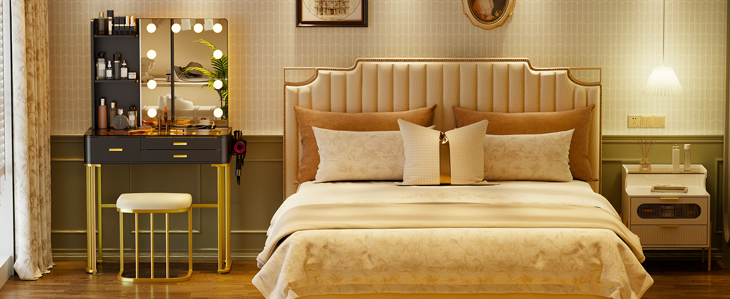 Трюмо Lvifur з дзеркалом у стилі Голлівуд, 10 регульованих лампочок, пуф, ящик, станція зарядки, USB-порт, чорний колір