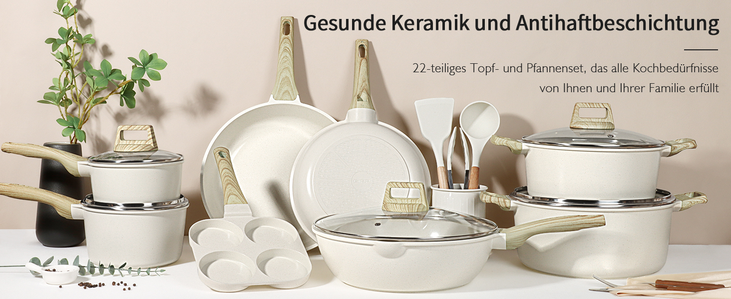 Набір посуду GipP 22 шт. з керамічним покриттям, антипригарний, для миття в посудомийній машині, без PFAS, білий