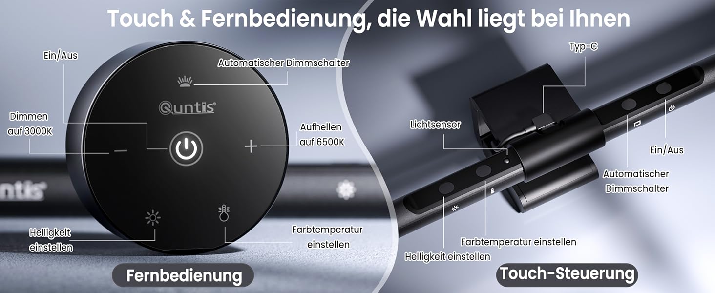 LED лампа для монітора Quntis з дистанційним керуванням та сенсорним управлінням, 40 см, захист від синього світла, USB, автоматичне регулювання яскравості, для ПК, офісу