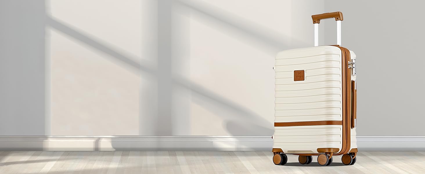 Набір дорожніх валіз Joyway 6 предметів, жорстка оболонка, з косметичкою, 4 колесами та TSA-замком, білий/коричневий