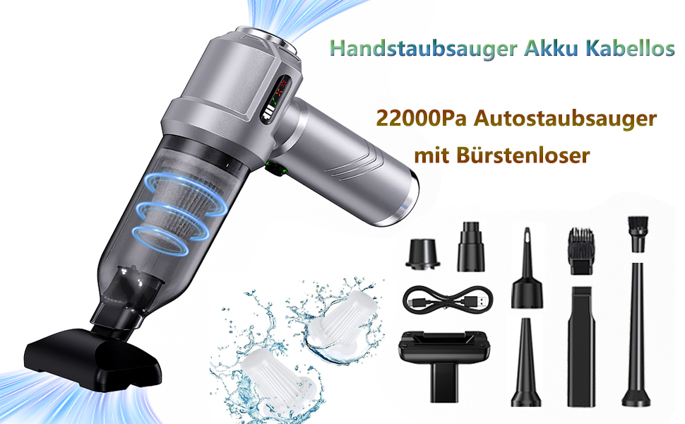Акумуляторний ручний пилосос 4-в-1 (22000Па), бездротовий електричний пилосос та повітродувка для авто, дому, кухні та шерсті тварин, 3 режими, сріблястий