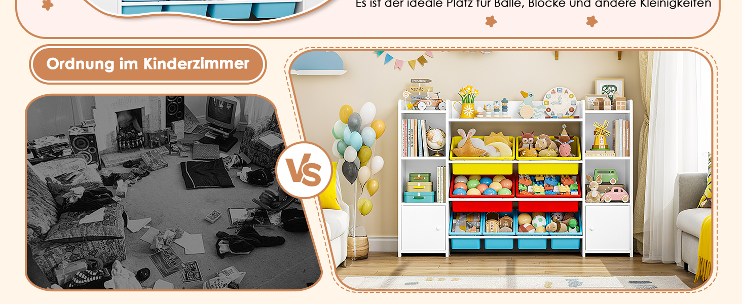 FOREHILL Регульована полиця для іграшок з 8 ящиками, дитячий шафчик, книжкова полиця для дітей, органайзер для іграшок, меблі для дитячої кімнати з іграшковою коробкою, 138,8 x 94,3 x 29,6 см, білий (білий з червоним)