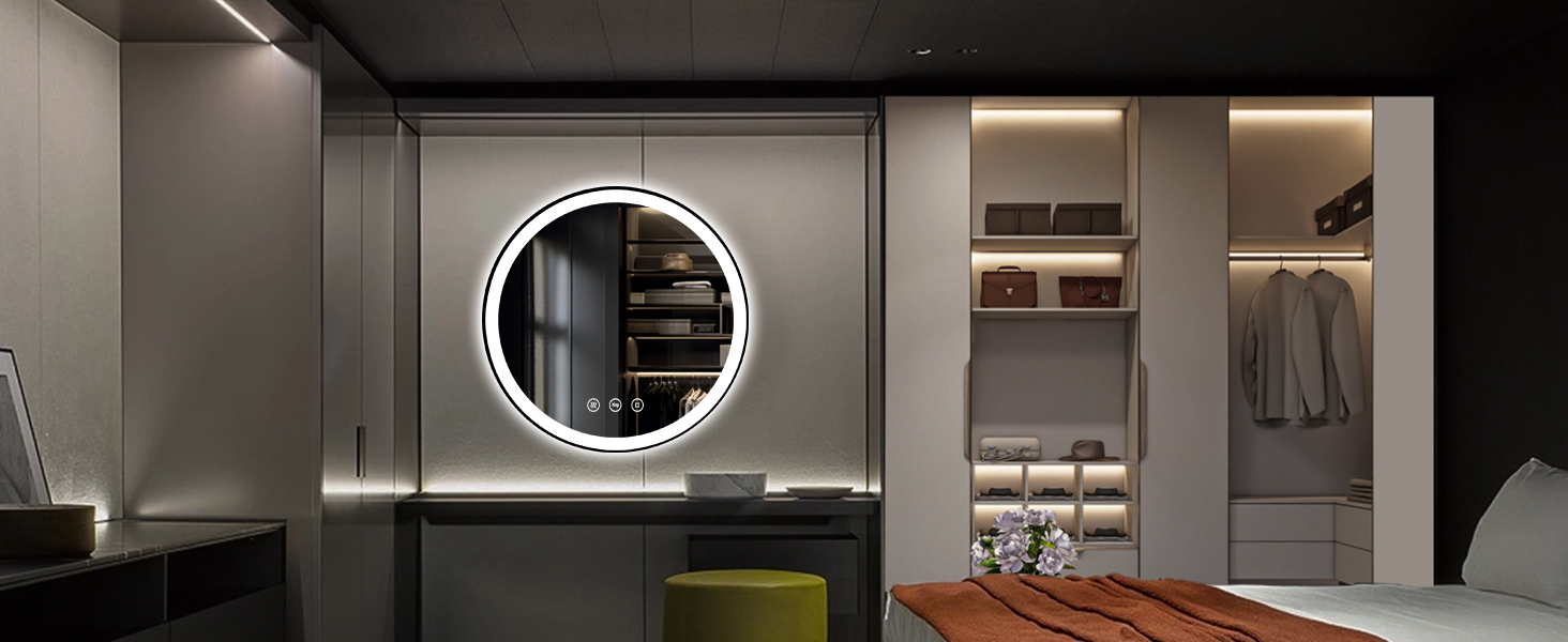 Дзеркало кругле PESENXAN 70см з підсвічуванням та чорним каркасом. Антизапарник, регулювання яскравості, 3 кольори світла, LED, сенсорне управління, функція пам'яті. Розміри: 70x70 см