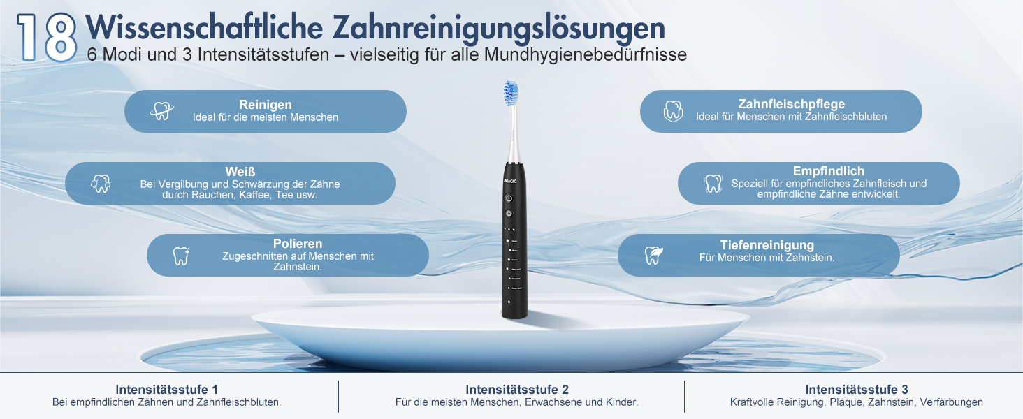 Електрична зубна щітка Sonic з 6 режимами, 3 інтенсивностями, 40000 вібрацій/хв, IPX7, акумулятор 90 днів, таймер, для подорожей, чорна