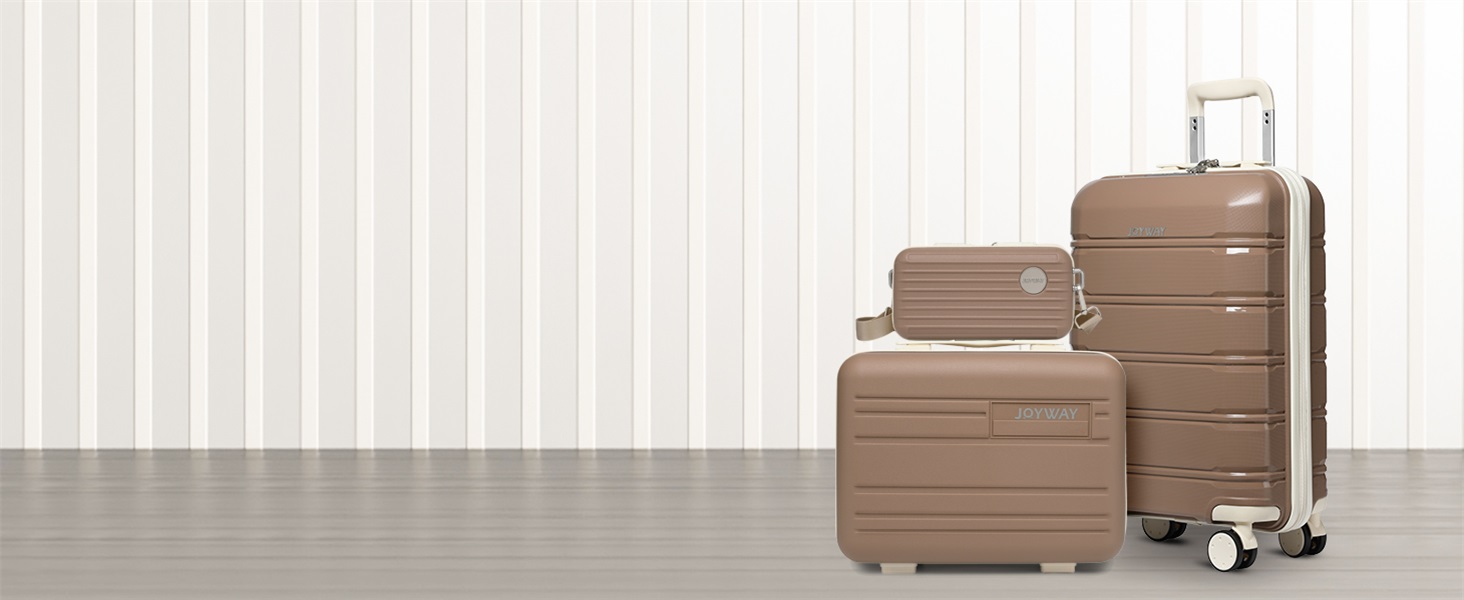 Набір валіз Joyway 3 в 1 з жорстким корпусом, 4 колеса, TSA-замок, косметичка та сумка, коричнево-білий, ручна поклажа