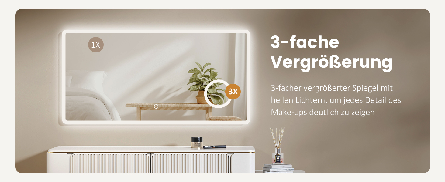 Дзеркало для ванної кімнати EMKE з підсвічуванням 100x60 см, LED, 3x косметичне дзеркало, 6500K, сенсорне, IP44, енергозберігаюче