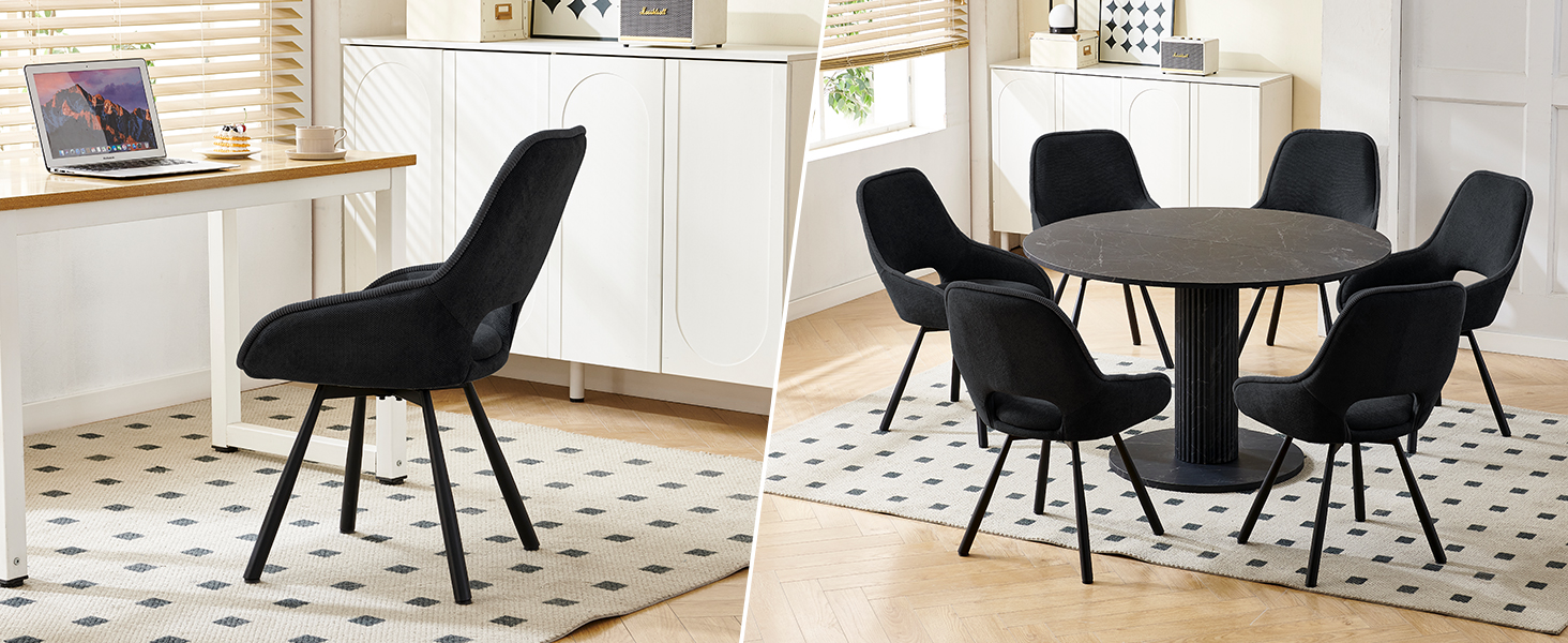 Набір з 6 обертових кухонних стільців, чорного кольору, з низькими підлокітниками, 180° оберт, автоматичне вирівнювання