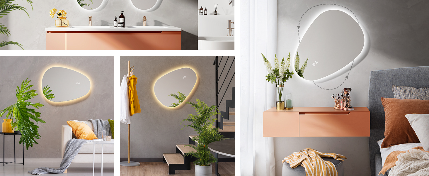 Дзеркало для ванної кімнати EMKE з підсвічуванням 80x60 см, з полицею, антизапар, регульоване холодне біле світло 6500K, сенсорне управління, функція пам'яті, асиметричне дзеркало для ванної кімнати (70L x 50B см)