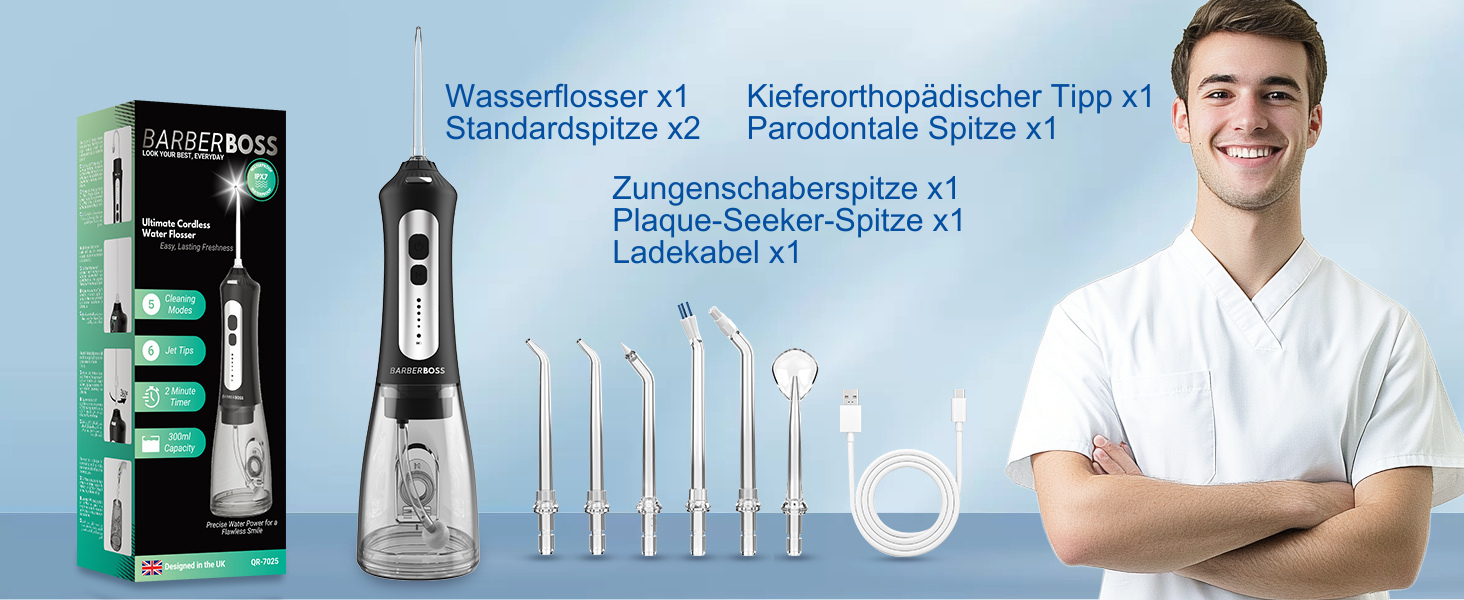 Електрична ірigator для порожнини рота BarberBoss QR-7024 (білий/чорний) - 5 режимів, 5 насадок