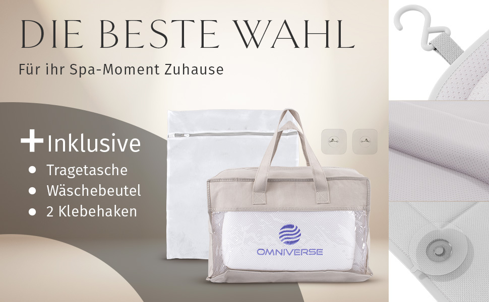 Подушка для ванни Omniverse Ganzkörper 125×40 см, для зросту 160–180 см, для гладких поверхонь, швидковисихаюча, для чутливої шкіри, біла