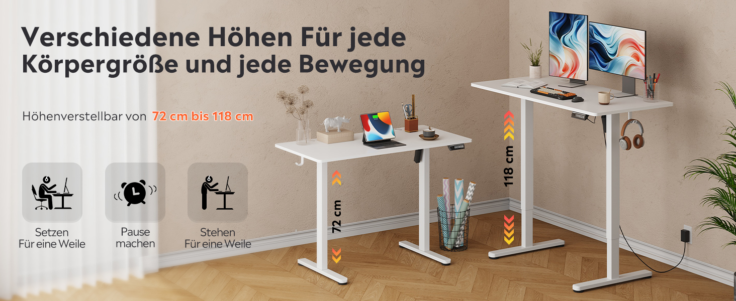 Регульований стіл Devaise 140x70 см з тихим мотором та функцією пам'яті, офісний стіл для роботи стоячи, білий