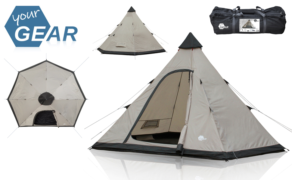 Намет-тіпі your GEAR Zelt Lido для кемпінгу та фестивалів на 4 особи, пірамідальний намет з водовідштовхувальним покриттям 5000 мм, захистом від комах та UV 50+ (Бежевий)