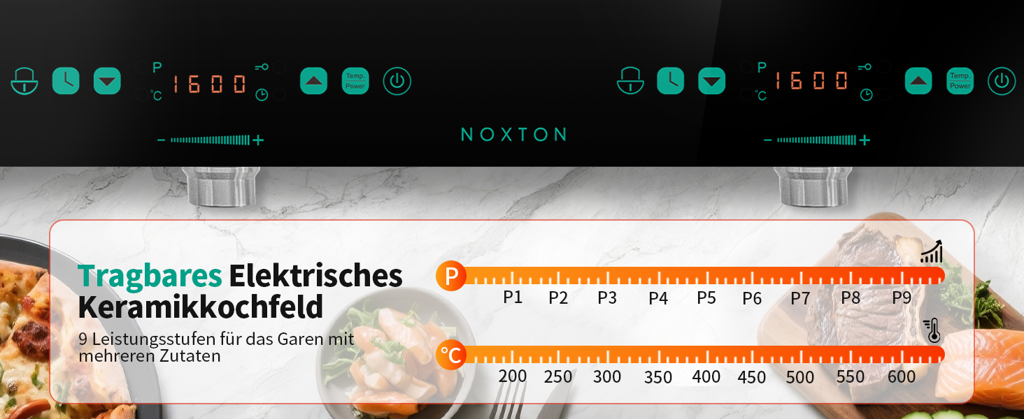 Плита електрична подвійна NOXTON з ручкою, 3200 Вт, склокераміка, таймер, захист від дітей - для кухні, кемпінгу