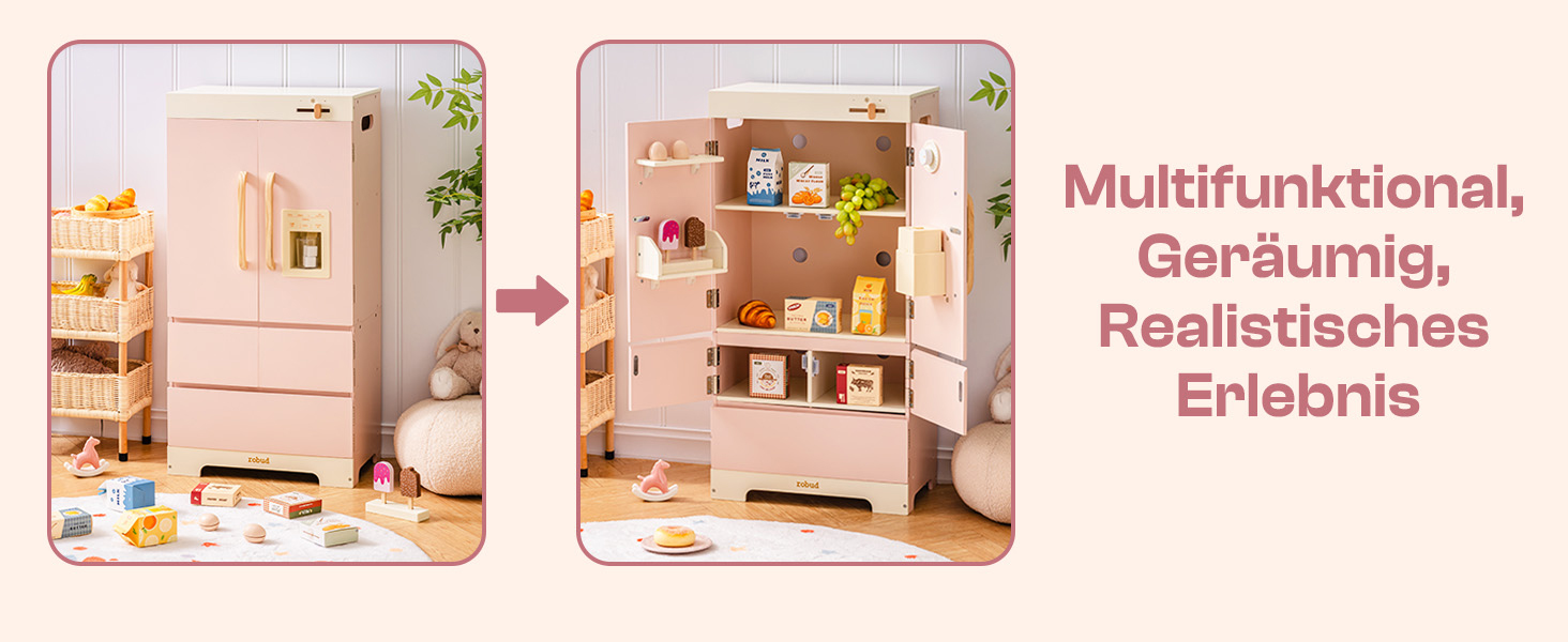 Дерев'яна іграшкова кухня ROBUD для дітей з реалістичним аксесуаром, набір іграшкової кухні з багатьма функціями, сучасний дизайн, подарунок від 3 років (холодильник)