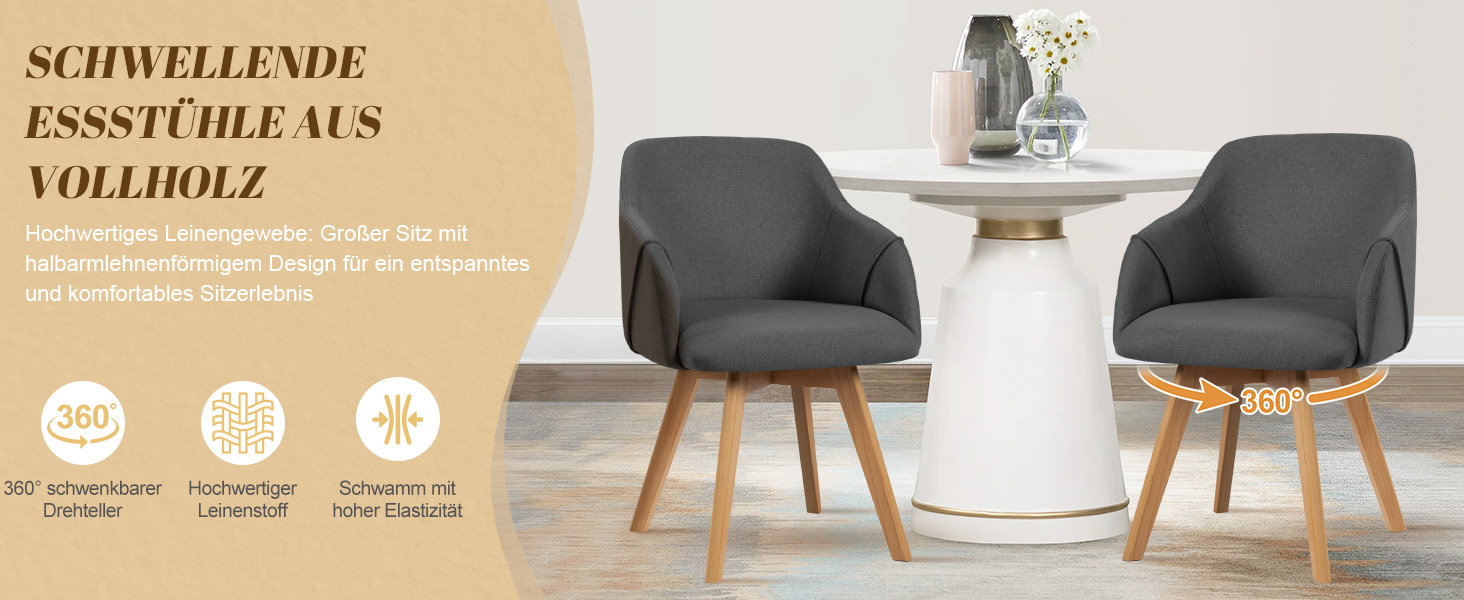 Обідні крісла Bekrvio (2 шт.) - обертаються, з підлокітниками, жовті, сірі, дерев'яні