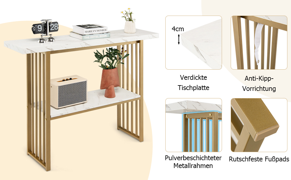 Консольний столик COSTWAY, золото, мармур, 2 рівні, 120x29.5x92.5 см, ідеально підходить для передпокою та вітальні