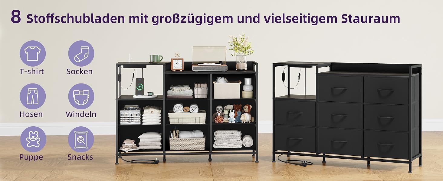 Комод Somdot з висувними ящиками для спальні, вітальні, передпокою з LED-підсвічуванням та розетками (2 AC, 1 USB, 1 Type-C), 5 тканинних ящиків, білий, 29T x 66,5B x 70,5H cm (Чорний, 29T x 99B x 70.5H cm (8 ящиків))