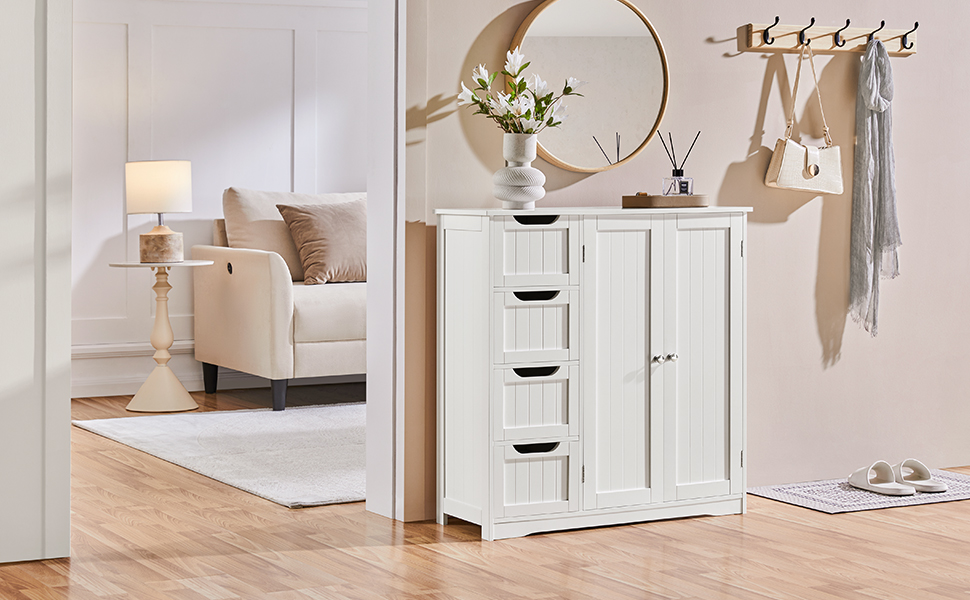 Шафа для ванної кімнати Yaheetech з 4 висувними ящиками та 2 дверцятами, тумбочка для ванної кімнати, шафа для підлоги, з регульованою полицею, для ванної кімнати, вітальні, коридору, кухні, білий, 81 × 30 × 83 см