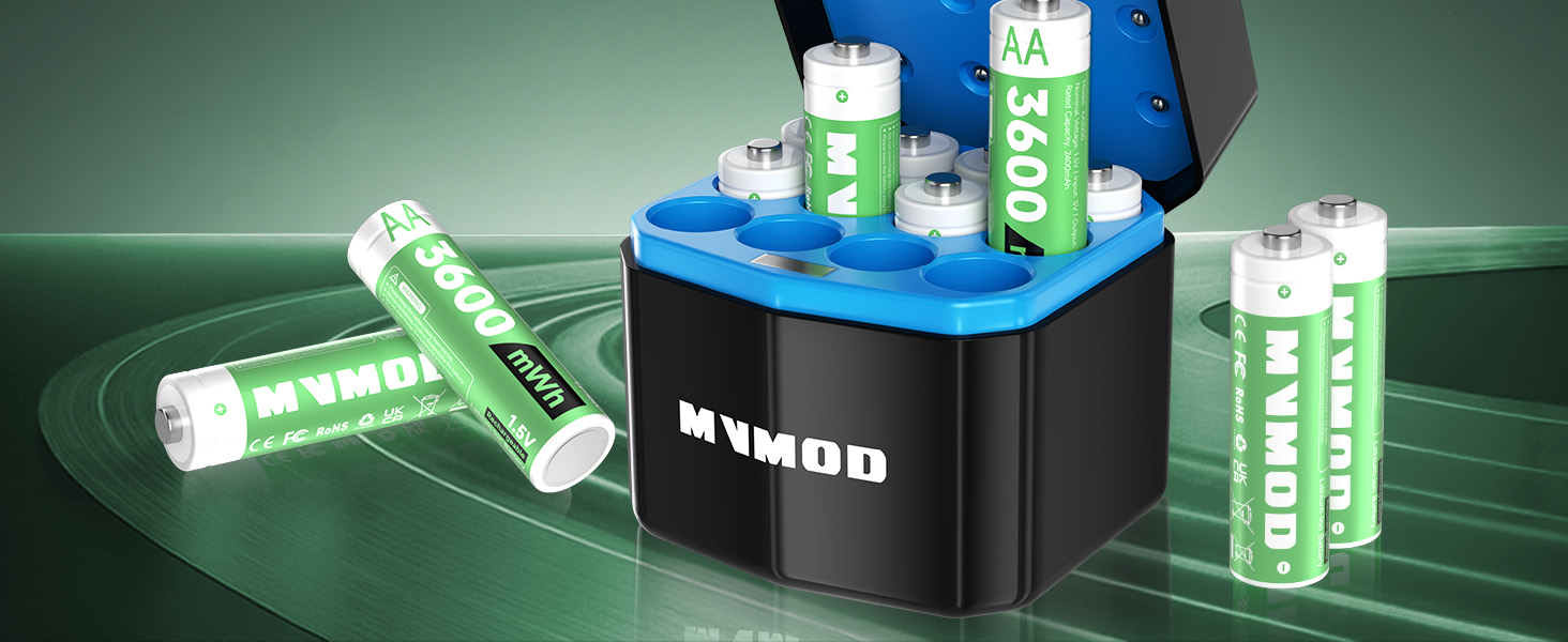 Набір акумуляторів AA Ni-MH 1.5V 3600mWh (12 шт.) з зарядним пристроєм та кейсом для зберігання, зелені