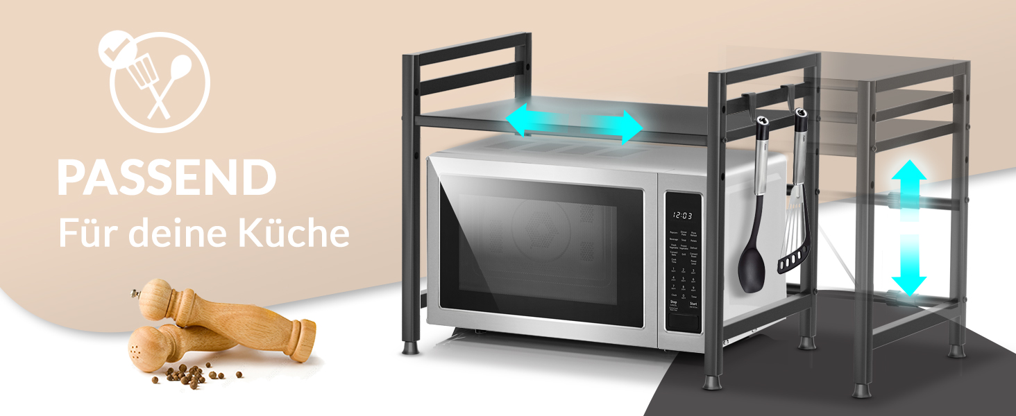 Підставка для мікрохвильової печі та кухонна полиця, сталева, 2-ярусна | Підставка для мікрохвильовки, шафка для мікрохвильовки, полиця для зберігання, полиця пекаря | Регульована висота та довжина, інструкція у відеоформаті, гачки - Чорний колір, 2 яруси