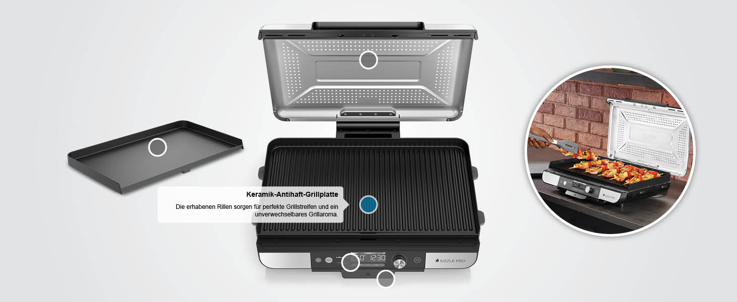 Ninja Sizzle Pro XL: гриль та плоча для дому з антипригарним покриттям, збірний, з піддоном для жиру та рецептами, срібно-чорний, GX101EU XL