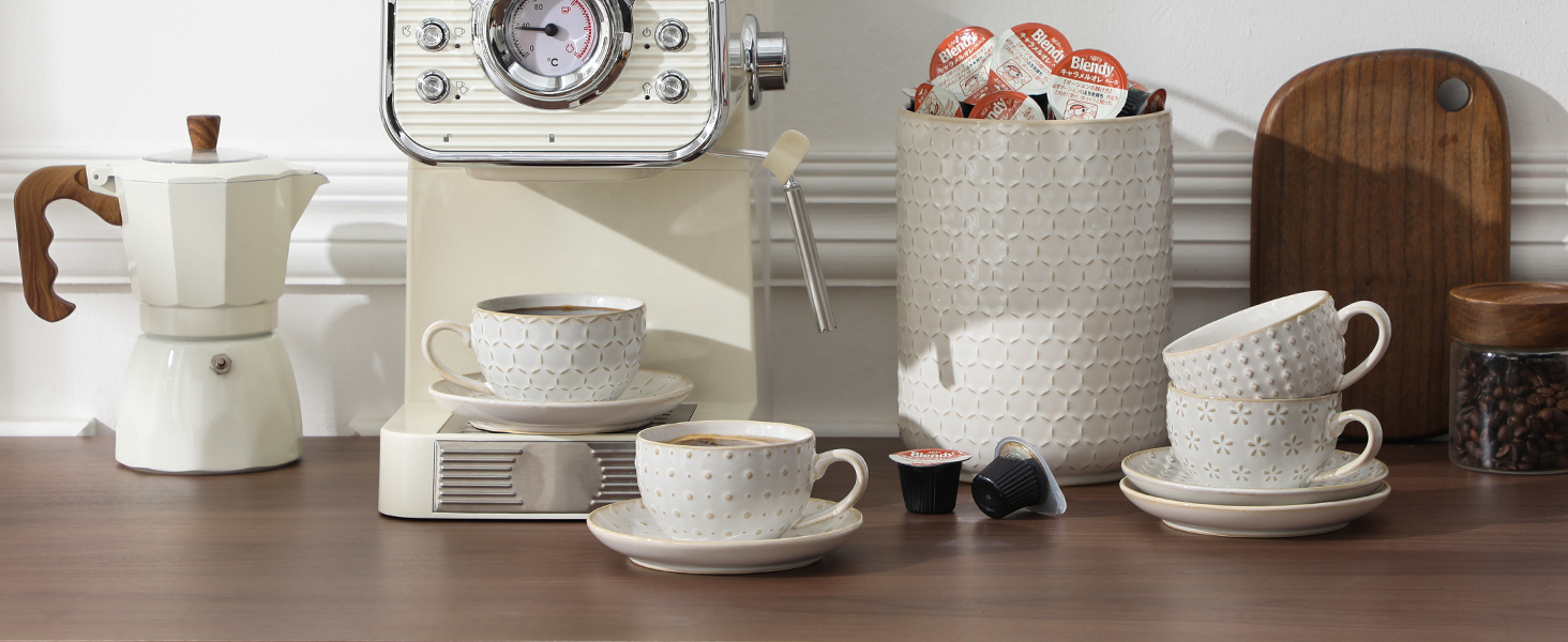 Набір посуду MALACASA LYDIA для 4 осіб (16 предметів) з кераміки з рельєфом, бежевий (4 чашки 180 мл)