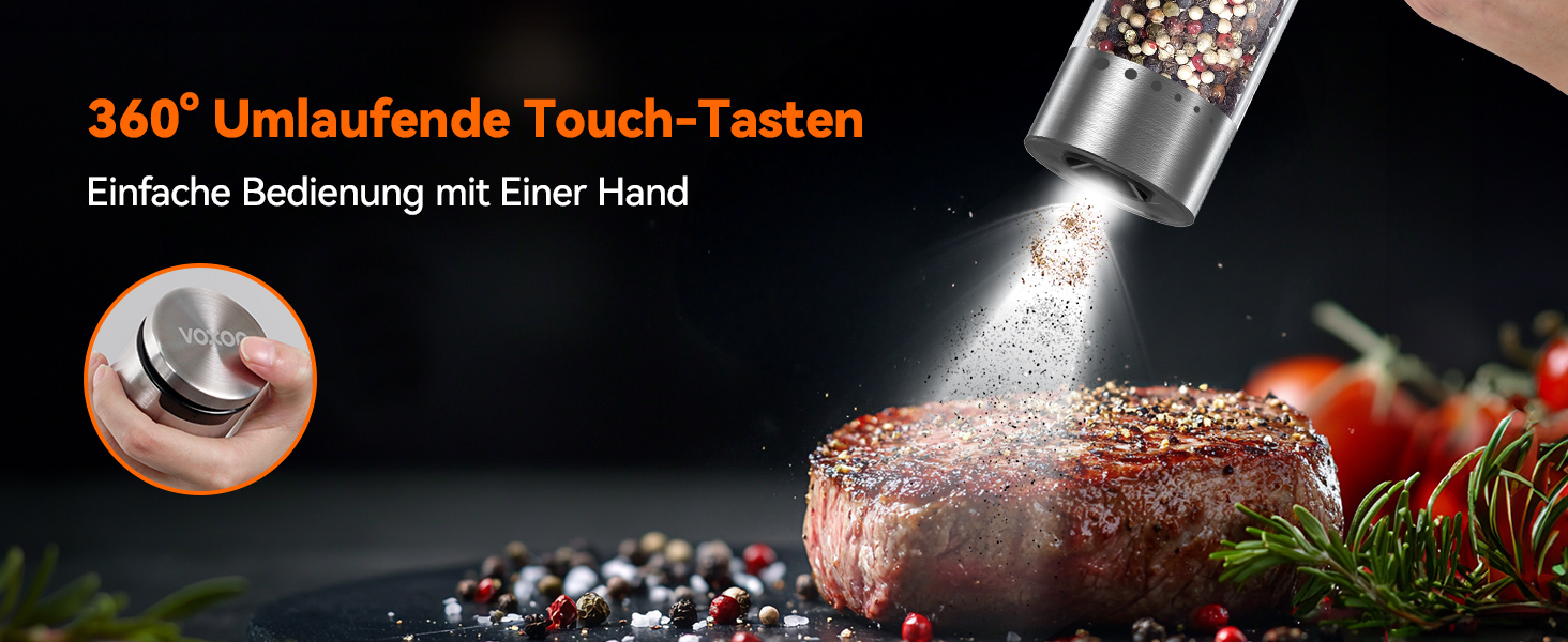 Електричні воксайон (VOXON) набори для солі та перцю (2 шт.) з USB-зарядкою, велика ємність, регулювання помелу, керамічний млин, LED-підсвітка, для барбекю, ресторану, кухні, сріблясті