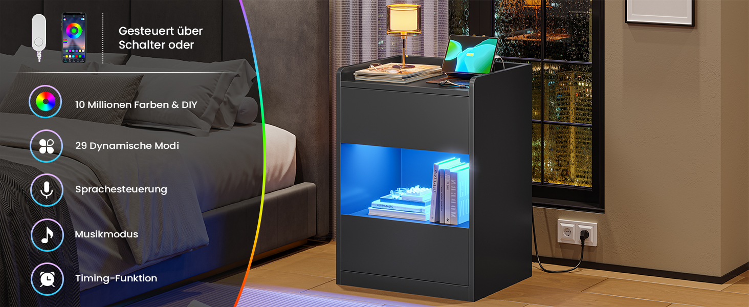 Нічний столик AOGLLATI з LED-підсвічуванням та зарядкою, з шухлядами та полицею, білий (40x35x60 см)