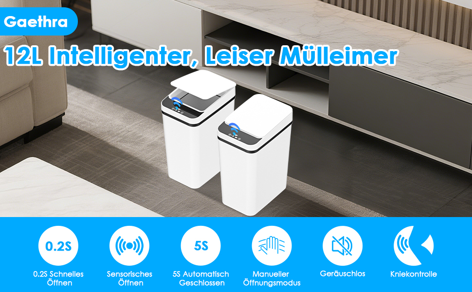 Набір з 2 автоматичних сміттєвих баків з датчиком, 12 л, електричний, 3 режими роботи, тихий, водонепроникний, інтелектуальний, для кухні, офісу, вітальні, ванної кімнати