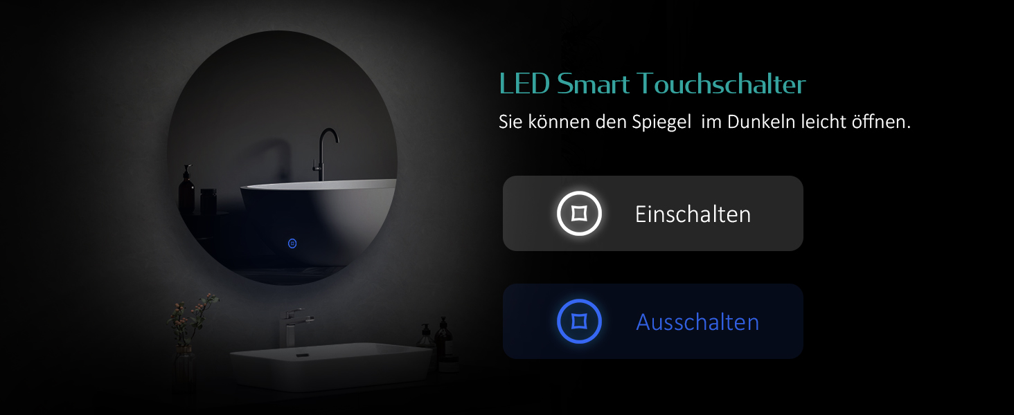 Дзеркало для ванної кімнати EMKE з підсвічуванням, діаметр 50 см, регульоване холодне біле світло, функція пам'яті, сенсорне керування, IP44, енергозберігаюче, заднє підсвічування