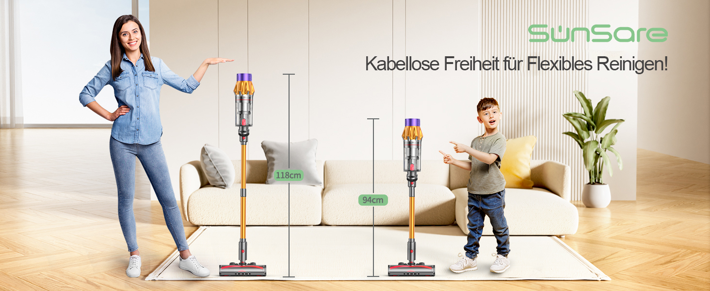 Бездротовий акумуляторний пилосос SunSare 600W з дисплеєм та станцією, тихий, для твердих поверхонь, килимів та шерсті тварин