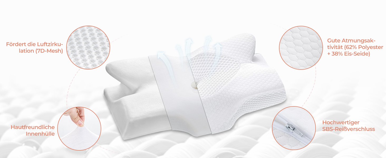 Ортопедична подушка для шиї Elviros з піни Memory Foam, ергономічна, для сну на спині, боці та животі, знімний охолоджуючий чохол, 64×(11,5/13)×40 см, сірий